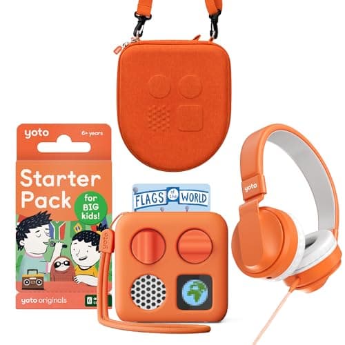 Yoto Mini Bundle + Starter Pack for Big Kids + Adventure Jacket in Fruit Punch + Wired Heapdhones + Travel Case - Kids Screen-Free Bluetooth Audio Player, All-in-1 Travel Device Radio