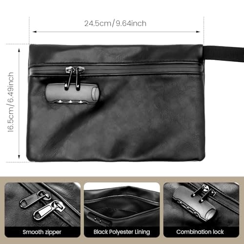 VAVPUP Waterproof & Cut-Resistant PU Money Bag with Lockable Zipper & Handle for Cash, Keys, Jewelry and Other Valuables (black) — view 2