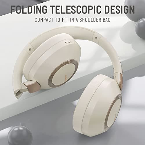 LORELEI B-C6 Wireless Over-Ear Headphones, 50H Playtime Foldable Lightweight Bluetooth Headsets, Deep Bass, Built-in Microphone, Memory Foam Earmuffs for Travel, Office (Beige White) — view 5