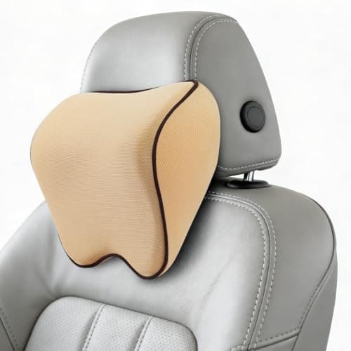 Alaoo Car Neck Support Pillow, Car Seat Headrest for Relieving Neck Fatigue with Adjustable Strap, Soft Memory Foam and Breathable Removable Cover for Passenger or Driver, Beige with Black Trim