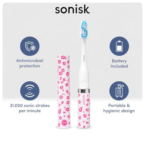 Sonisk Pulse | Battery Powered Electric Toothbrush | Portable Travel Size with Antimicrobial Sonic Technology | 1x Battery, 2X Brush Heads, 1x Travel Case Included (Pink Leopard) — view 2