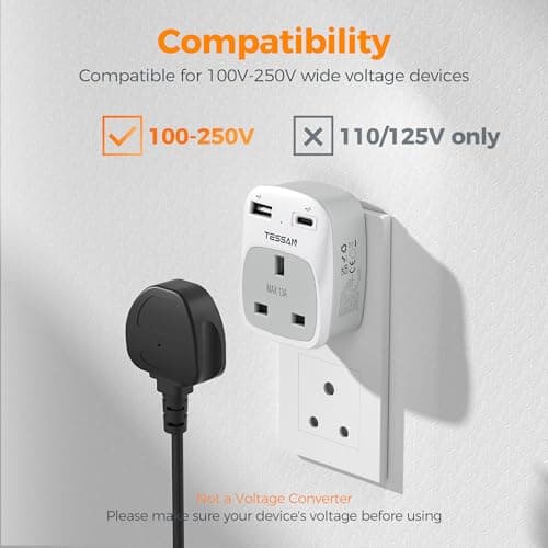 TESSAN UK to India Plug Adapter, Type D Indian Travel Adapter with USB C — view 4