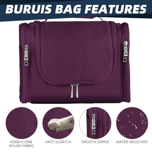Buruis Large Capacity Toiletry Bag for Women and Men, Hanging Toiletry Organizer Cosmetics Makeup Bag, Water-Resistant Dopp Kit Shaving Bags for Full Sized Toiletries, Travel Essentials (Purple) — view 5