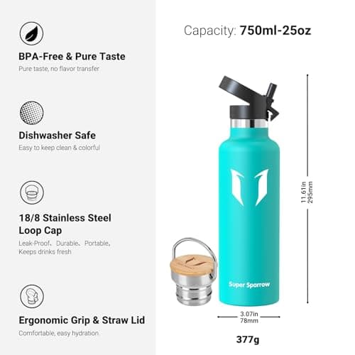 Super Sparrow Stainless Steel Water Bottle - 750ml - Vacuum Insulated Metal Water Bottle - Standard Mouth Flask - BPA Free - Straw Water Bottle for Gym, Travel, Sports — view 3