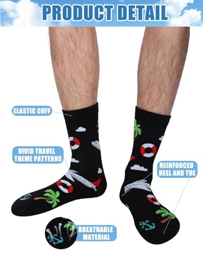 Eurzom 6 Pairs Funny Travel Socks for Men I'd Rather Be Traveling Gift Novelty Men's Travel Crew Socks for Travel Lovers and Travelers, Multi-color, One Size — view 2