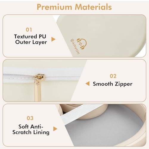 ARVOK Headphone Case Super-Slim PU Hard Shell for Sony/JBL/Bose/Soundcore Anker/BERIBES/KVIDIO/TOZO/JLab Over-Ear Headphones, Universal Travel Portable Bag with Adhesive Hook,Beige — view 3