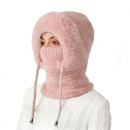 Ashloter 3 in 1 Beanie Hat for Women, 3in1 Thermal Winter Balaclava Knitted Hood with Scarf and Face Mask, Windproof Warm for Outdoor Skiing Hiking Running Skiing Cycling Ladis Men (Pink)