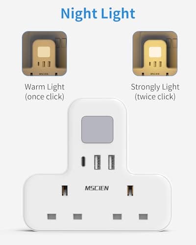 Double Plug Adaptor with USB (1USB-C), MSCIEN Plug Extension Socket Extender with Night Light Multi Plug Adapter, White Plug Adaptor, Wall Socket UK Power Strip for Home, Office — view 2