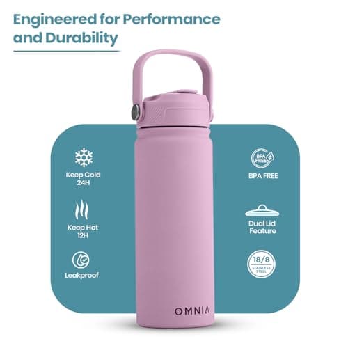 OMNIA NUTRIENTS Vacuum Insulated Stainless Steel Water Bottle, 2 Lids (Straw & Spout) Leakproof, BPA-Free, Reusable Flask Ideal for Travel and Outdoors (Soft Pink - 540 ml) — view 2