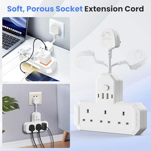 Multi Plug Extension Socket with USB C, 3 Way Plug Adaptor With Nightlight, Short Cord Power Strip with 2USB & 2USB-C Ports, Plug Adapter UK Multi Plug Adaptor with Flexible Plug For Home Office White — view 6