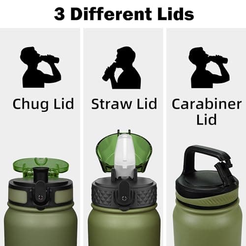 OLDLEY Stainless Steel Water Bottle with Straw 1L Vaccum Insulated Large Drink Flask Metal Water Bottles 1 Litre Leakproof Keep Drinks Hot Cold for Sports Travel Gym with Different Lids(Olive, 3 Lids) — view 2