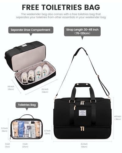 LOVEVOOK Travel Bags for Women, 50L Large Weekend Overnight Holdall Hospital Bags with Toiletry Bag, Shoe Compartment & Wet Pocket, Waterproof Cabin Carry On Hand Luggage for Travel Gym Sports, Black — view 2