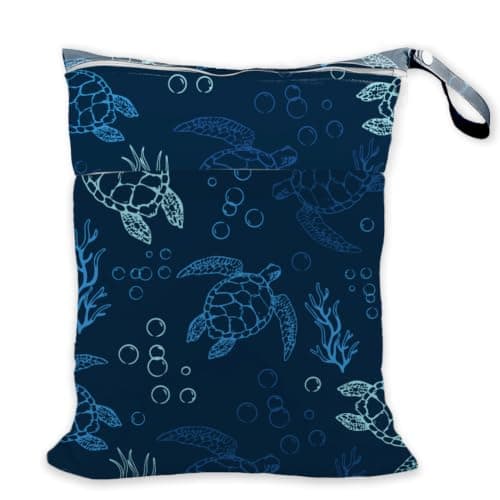 SUPERDANT Sea Turtle Waterproof Wet Bag Large Capacity Foldable Dry Pouch Navy Blue Polyester Double Zippered Pockets for Swimsuit Towel Beach Gym Cruise Travel 36x30cm