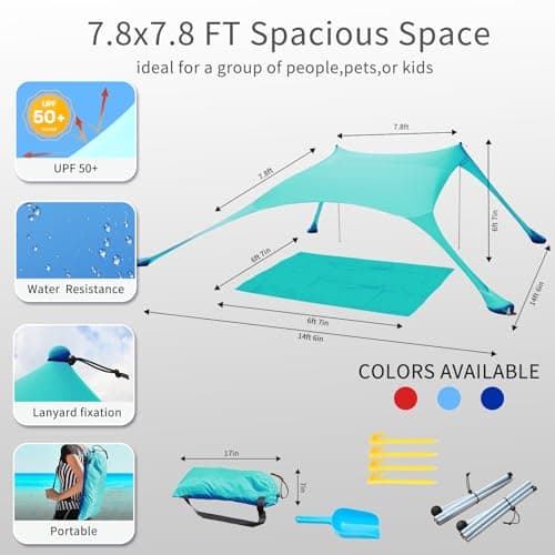 CUUPO 7×7 FT Beach Tent Sun Shelter UPF50+ UV Protection, Outdoor Small Canopy Tent Sun Shade with 2 Poles for Camping, Beach, Fishing, Backyard and Picnics Turquoise — view 5