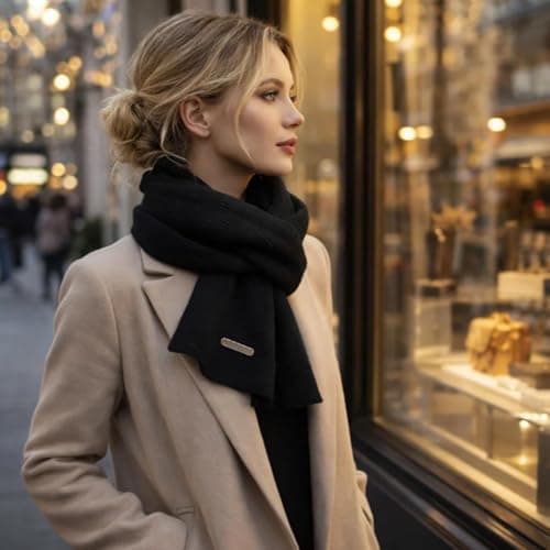 Grion Dark Navy Ribbed Knitted Scarf, Textured Winter Neck Accessory, 1-Pack | Wrap-around format, rectangular single-colour design, gold-tone tag, for everyday travel, casual outfits and office wear — view 2