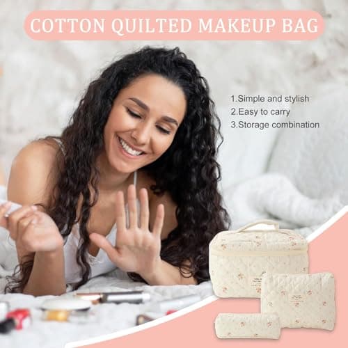 3Pcs Coquette Makeup Bag, Large Capacity Quilted Cosmetic Bag, Toiletry Set — view 5