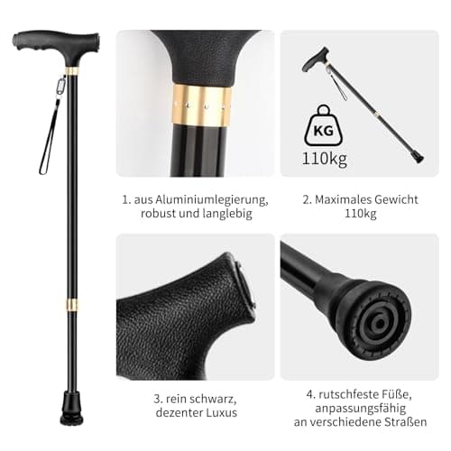 Height Adjustable Walking Sticks for Women and Men, OOCOME Adjustable Walking Cane with LED Light and Rubber Tips, Aluminium Walking Stick for Elderly Arthritis Seniors and Disabled (Black) — view 6
