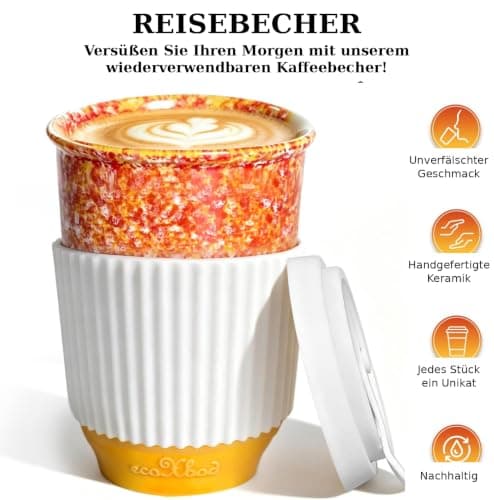 ganfaner 390ml Travel Coffee Mug with Lids, 2 PCS Ceramic Coffee Cups Heat Resist w/Sleeve, Attractive Coffee Mugs for Hot Cold Fit Car Holder, Microwave Dishwasher Safe for Office Home (Orange Blue) — view 2