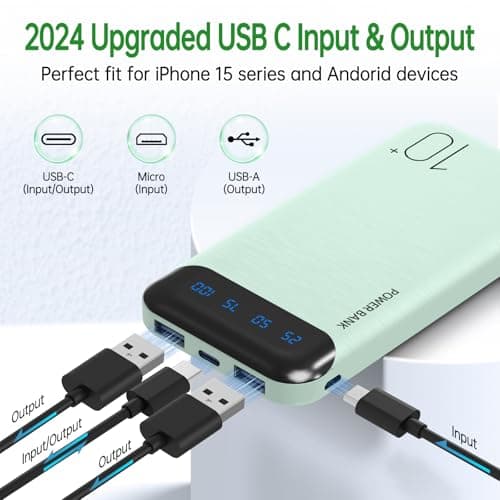 Portable Charger 10000mAh Slim USB C Input and Output Power Bank with LED Display Lightweight External Battery Pack Compatible for iPhone 14/13/12, iPad, Samsung etc. (green) — view 2