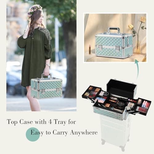 Joligrace 4-in-1 Tall Vanity Case Rolling Box Makeup Box Hairdressing Trolley on Wheels Beauty Trolley on Wheels Professional Makeup Organiser Storage Nail Technician case with Locks (Mint Green) — view 3