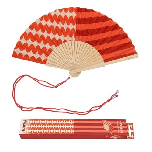 Fisura – Original Stripe & Wave Print Folding Fan, Modern and Colourful Folding Handheld Fan, Red Design for Wedding, Rave, Festival - Includes Strap. Size: 42.5 x 23 cm