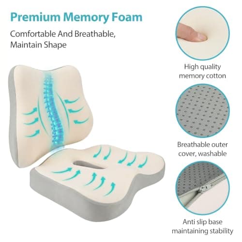 Seat Cushion and Lumbar Support - Memory Foam Chair Cushion and Back Support for Tailbone & Back Pain Relief Ergonomic Coccyx Cushion for Home Office & Wheelchair Car Seat Cushions for Driving, Beige — view 6