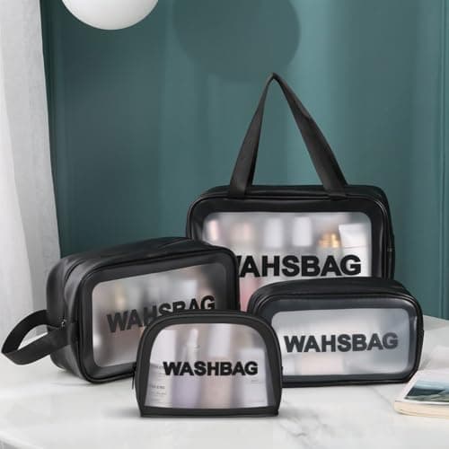 Aucuu 4PCS Clear Toiletry Bag, Wash Bag, Clear PU Makeup Bags, Waterproof Toiletry Travel Bags with Zipper Handle, Portable Airport Cosmetic B-ag for Travel Bathroom Men Women (Black) — view 4