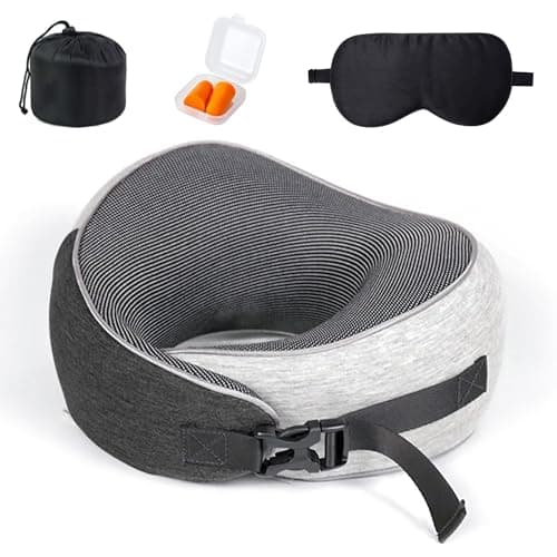 Travel Neck Pillow with 360° Chin Support, Memory Foam Neck Pillow for Airplane, Car, Train & Office, Ergonomic Travel Pillow, Breathable Lightweight Design, Includes Eye Mask, Earplugs & Travel Bag