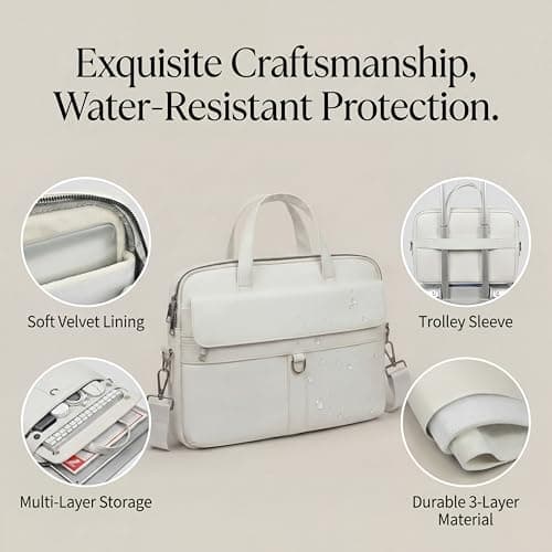 seyfocnia Laptop Bag, 15.6 Inch Briefcase, PU Leather Messenger Bag for Women Water Resistant Business Travel, Work Computer Bag Satchel Handbag, White — view 3