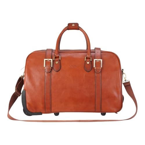 Genuine Leather Wheeled Travel Bag Large Rolling Duffle Weekender Business Carry On Suitcase - Tan 50 x 32 x 27 cm