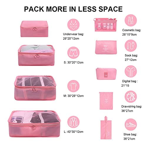OSDUE Packing Cubes for Suitcases, 9PCS Travel Luggage Packing Organizers Waterproof Travel Essentials Bag Accessories Clothes Shoes Cosmetics Toiletries Storage Bags(Pink) — view 2