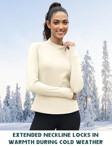 IECCP Women's Workout Tops Long Sleeve Undershirt Thermal Fleece Warm Hiking Ski Base Layer Shirts with Thumb Holes and Pockets M Apricot — view 2