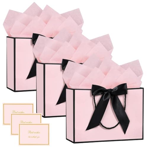 SHUBEIEUMI 3Pcs Gift Bags 28x20x10cm, Paper Bags(Pink With Black Frame)