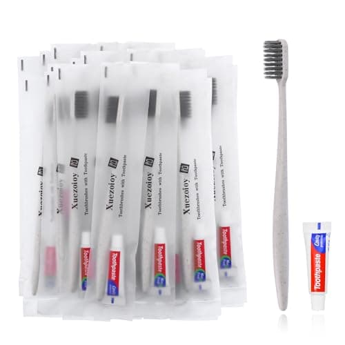 Hotel Toothbrush Set,60Pack Apricot Travel Toothbrush Set Individually Wrapped Disposable Toothbrushes and Toothpaste for Hotel,Homeless,Nursing Home,Charity