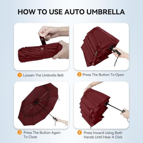 TECKNET Windproof Automatic Umbrella - Strong Compact Travel, Large Wind Resistant With 10 Ribs, Folding Lightweight Golf for Rain - Men, Red — view 6