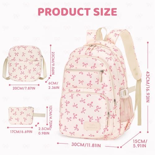 Aucuu Aesthetic School Bag for Girls, 3PCS Bow School Bags, Cute Backpack Sets, School Bag with Crossbody Bag & Wallet, Water Resistant Lightweight Bookbag, Kawaii Rucksack for Teens Girls Boys — view 2