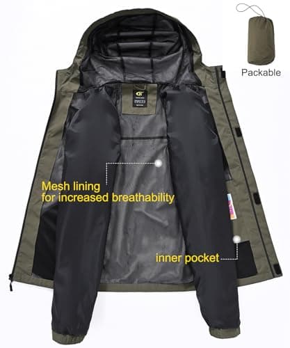 Huayuzh Mens Waterproof Jackets Men's Outdoor Rain Jacket Lightweight Coat Packable Windproof Softshell Hiking Fishing Army Green 2XL — view 5