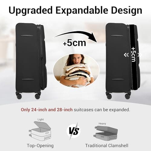 M Expandable 26" Medium Suitcase with 4 Spinner Wheels Lightweight Softside Hold Check in Luggage with TSA Lock, Black — view 3
