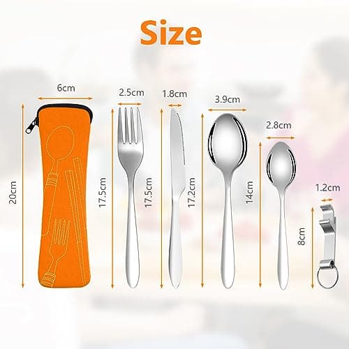 Vicloon 5PCS Stainless Steel Flatware Set with Bottle Opener, Travel Cutlery Set Spoon Knife and Fork with Storage Bag for Camping Picnic Office School Lunch, Orange — view 2