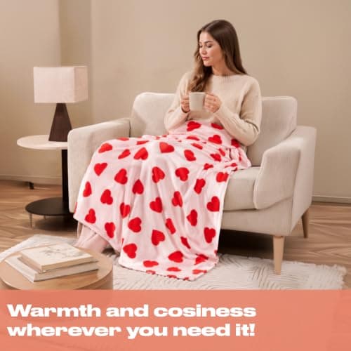 Dreamscene Fleece Blanket Hearts, Gifts for Women Super Soft Cosy Warm Polar Throws for Sofas Bed Couch Settee Travel Fluffy Blanket Single Bed Throw All Seasons, Pink/Red - 120 x 150cm — view 6
