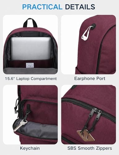 Kasgo 17.8L Lightweight School Backpack for Women Teens Girls, Wine Red — view 6