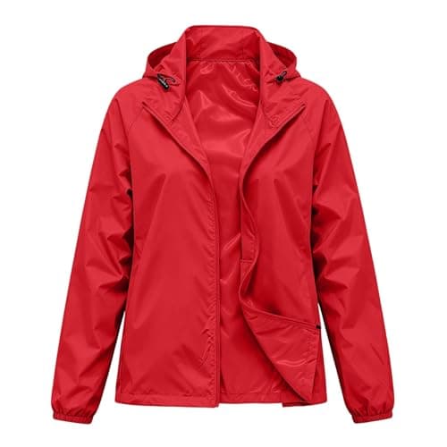 Lightweight Waterproof Jacket Womens Hooded Windbreaker Rain Coat,Outdoor Long Sleeve Softshell Jackets Ladies Sun Protection Full Zip Raincoat for Beach Hiking & Travel Red, M — view 5
