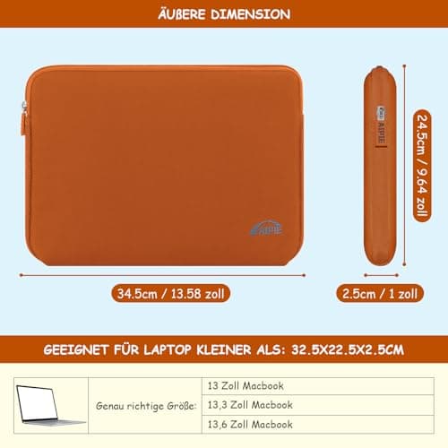 AIPIE Laptop Sleeve 13 13.3 13.6 Inches Compatible with MacBook Pro, MacBook Air M1 M2 Bump Absorb 12.6 x 8.9 x 0.8 Inch Chromebook Netbook Case for Surface ACER ASUS DELL HP DELL, Orange — view 3