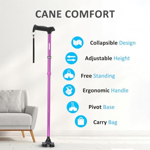 Rehand Walking Stick for Men & Women - Foldable, Adjustable, Lightweight, Self Standing Pivot Walking Stick, Soft Handle Grip, with Travel Bag, Walking Sticks for Seniors & Adults (Purple) — view 2