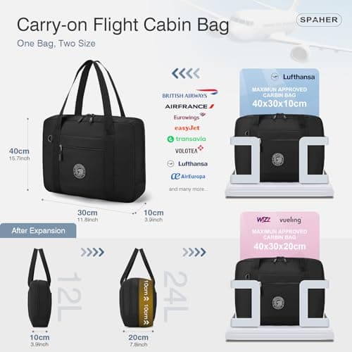 SPAHER Expandable Cabin Bag 40x30x10 Lufthansa 40x30x20 Wizzair Vueling Travel Duffle Bag with Wet Pocket Carry on Hand Luggage Under-seat Holdall Handbag for Maternity Overnight with Toiletry Bag — view 3
