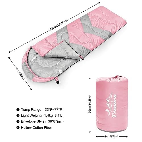 Tesmien Sleeping Bag for Adults & Kids 3-4 Season Warm Weather and Winter Lightweight, Waterproof for Teens, Men's Indoor & Outdoor Camping/Traveling/Hiking, Pink Grey — view 2