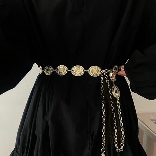 NXPUXP Western Metal Concho Belt,Cowgirl Concho Chain,Adjustable Waist Chain for Women,Suitable for Dresses,Jeans,Costumes (Gold-2025),M,Non-Precious Metal,No Gemstone — view 2