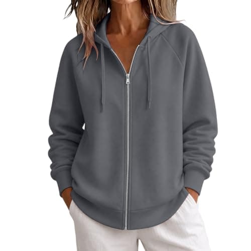 Womens Full Zip Oversized Hoodie,Long Sleeve,Drawstring,Front Pockets Grey