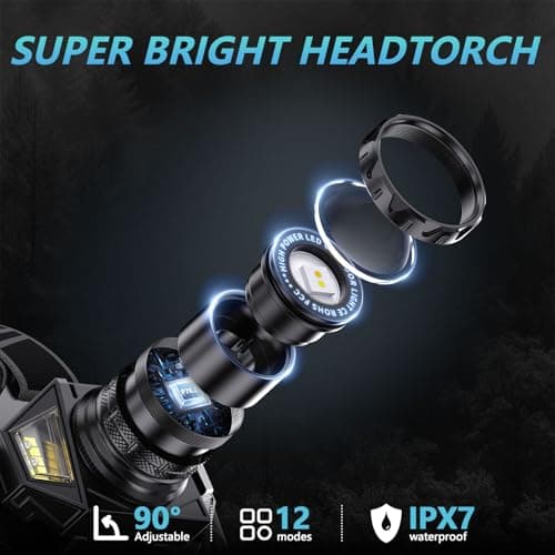 Led head torch rechargeable, 100000 LM Super Bright headtorch with 12 Modes & 30 Hrs+ Runtime & Motion & Zoomable & IPX7 Waterproof, Adjustable Red & Warm Light Headlight for Running, Camping, Fishing — view 2