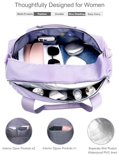 Gym Bag for Women,Pu Leather Handle,Dry Wet Separated with Shoe Compartment & Wet Pocket,Waterproof Duffle Bag for Travel Sports Fitness Workout Athletic (Purple, 19"-Medium) — view 5